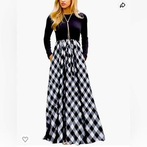 MEROKEETY Long Sleeve Plaid Empire Waist Maxi Dress